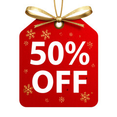  Festive Red Christmas Tag with 50% Off Discount Text and Golden Snowflake Accents, Isolated PNG.