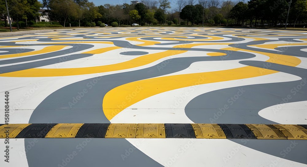 Poster abstract paved surface with curving lines and a yellow and black speed bump