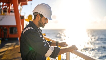 Worker on a ship deck at sunset