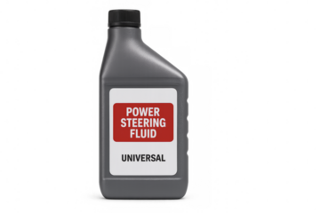 Universal power steering fluid in gray plastic bottle on transparent background