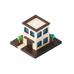 Charming isometric cartoon house with two trees and a pathway on a dark platform isolated on transparent background