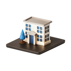 Stylized 3d rendered building with a blue tree on a dark platform isolated on transparent background