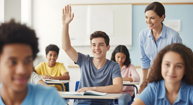 Smiling student with autism raising hand to answer a question &ndash; AdobeStock style
