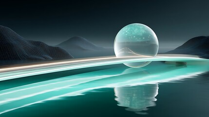 Abstract Sphere on Platform Over Water in Surreal Landscape