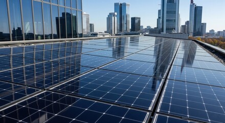 Glossy rooftop solar panels on office building with skyscrapers in background