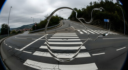 Abstract perspective of a road with pedestrian crossing under an overcast sky creating a unique urban landscape image