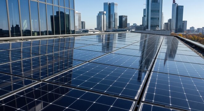 Glossy rooftop solar panels on office building with skyscrapers in background