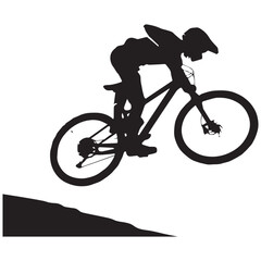 Naklejka premium Silhouette of a mountain biker in mid air performing a jump over a dirt ramp with a white background