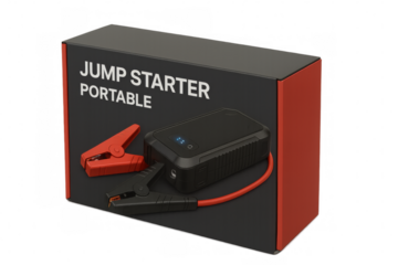 Portable jump starter with cables and packaging on transparent background