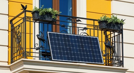 Angled solar panel on wrought iron railing of yellow balcony in historic apartment building