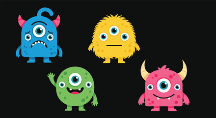 Fototapeta premium Charming Cartoon Monsters Expressing Diverse Emotions and Playful Gestures Against a Dark Backdrop