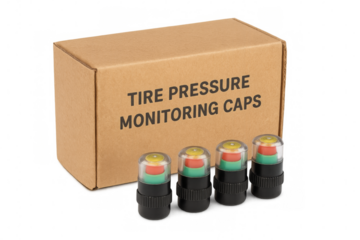 Tire pressure monitoring caps with cardboard box on transparent background