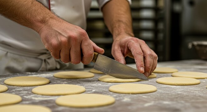 Artisan baking scene with chef preparing dough for pastries