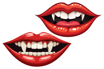 Fototapeta premium Red vampire lips with bite fangs, Sexy red vampire lips, Vampire teeth, open mouths of vampire with white fangs, 