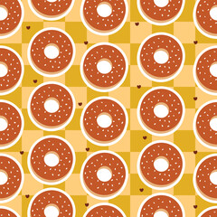 cute seamless pattern cartoon chocolate doughnut. cute dessert pattern in yellow checkered background for gift wrap paper