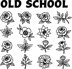 Old School Rose & Floral Tattoo Flash Set – Classic Line Art Collection" vector art