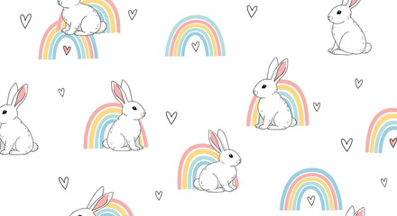 Charming Cartoon Rabbits With Pastel Rainbows And Hearts Adorning A White Background