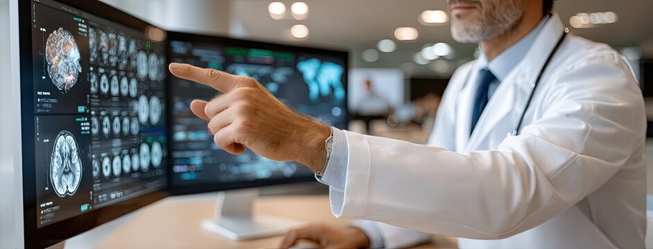 A doctor's hand points at an MRI scan displayed on multiple monitors in a contemporary office setting filled with light