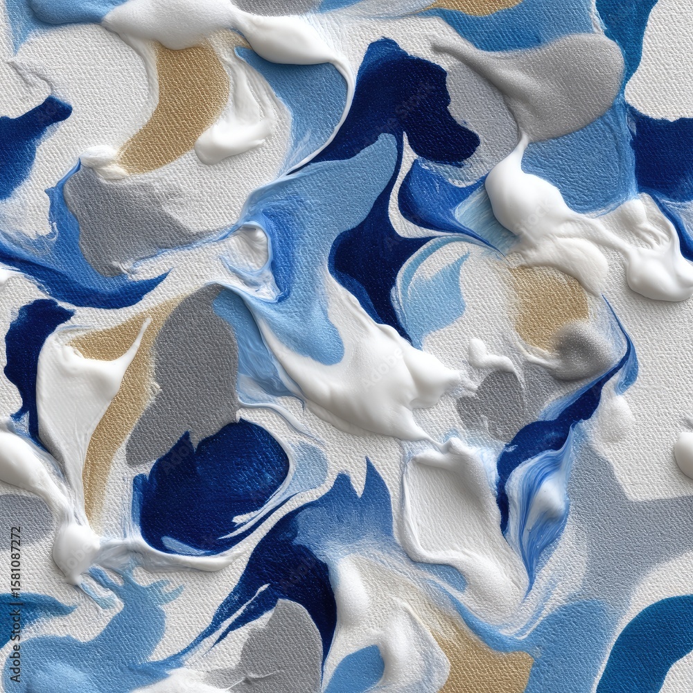 Poster abstract design features swirling shapes in blue and gray, mimicking ocean waves with elegant white 