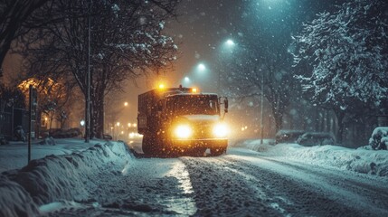 Obraz premium Snowplow clears a snowy street at night.