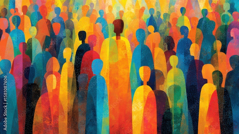 Poster a large gathering of abstract figures in various colors fills the space, reflecting diversity and un