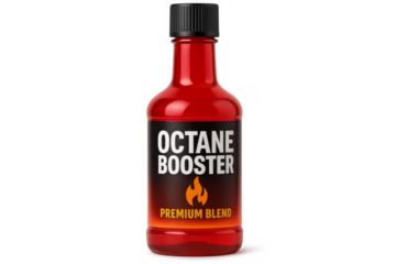 Red octane booster fuel additive bottle isolated on transparent background
