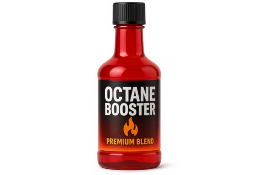 Red octane booster fuel additive bottle isolated on transparent background - Powered by Adobe