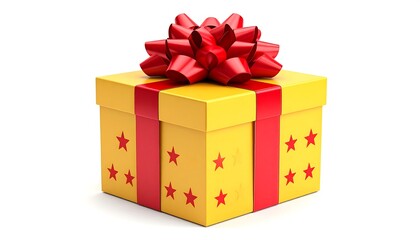 Yellow gift box with red ribbon and stars