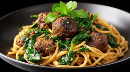 Hearty spaghetti adorned with succulent meatballs, fresh spinach, and a rich sauce, beautifully presented on a dark plate