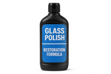 Glass polish restoration formula in black plastic bottle on transparent background