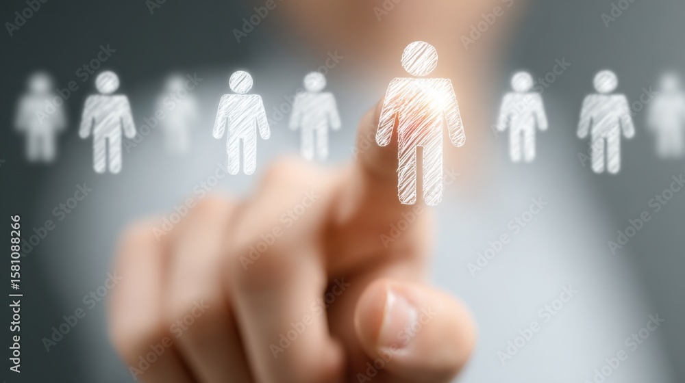 Poster a user interacts with a digital display, highlighting a specific individual among a group of outline