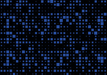 Abstract geometric halftone background with blue squares on black background