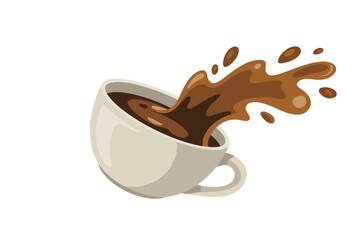 Coffee cup spilling hot liquid in dynamic motion, A white ceramic coffee cup tilts precariously, with dark brown liquid splashing outwards in an energetic, dynamic burst against a white background.