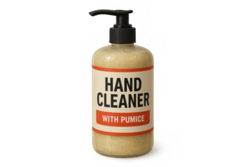 Hand cleaner with pumice exfoliating particles in transparent background dispenser