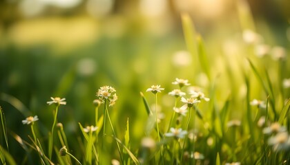 Fototapeta premium Close-up of wildflowers and grass illuminated by warm sunlight, creating a serene scene.