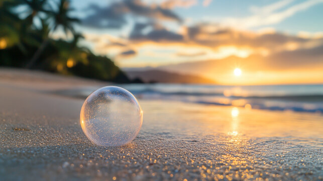 A pair of beautiful gold wedding rings sits on the beach sand near the ocean, with the sun setting in the background