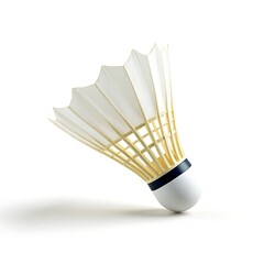 Single white badminton shuttlecock with yellow feathers on white background sport