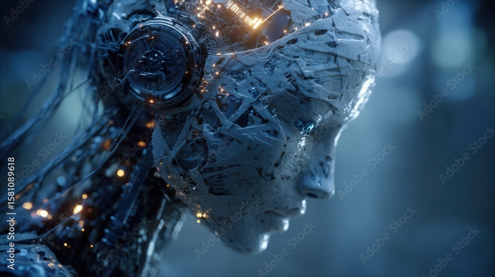 Poster a close-up of a robotic humanoid features intricate details and glowing circuitry, showcasing advanc