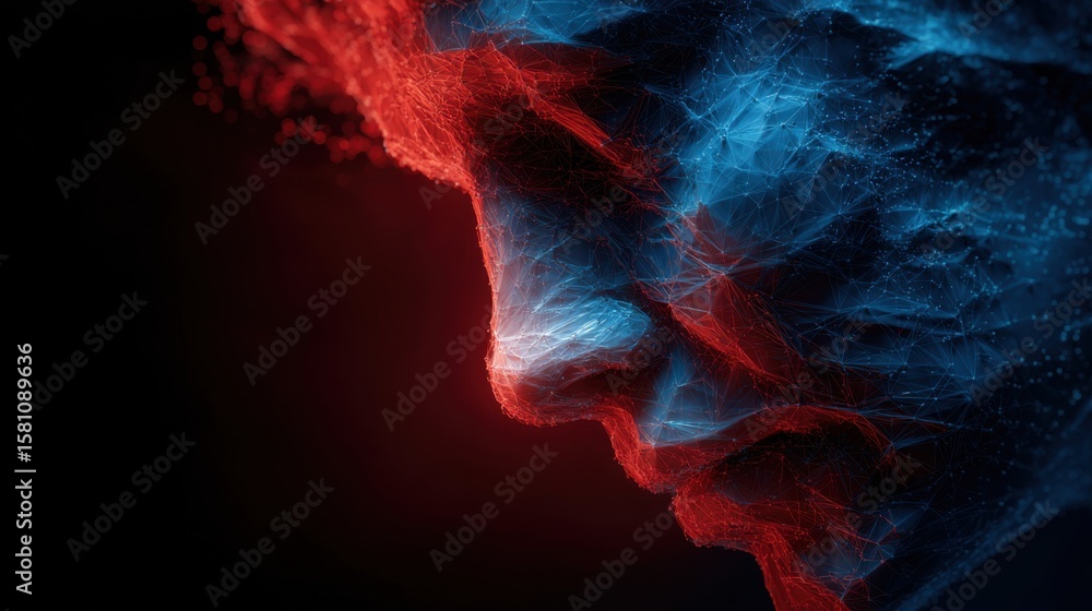 Poster a striking visual shows a side profile of a human face created with geometric shapes and illuminated
