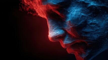 Fototapeta premium A striking visual shows a side profile of a human face created with geometric shapes and illuminated by vibrant blue and red lights, set against a dark backdrop that enhances the colors.