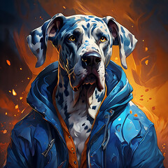 A striking blue and white spotted Great Dane with intense yellow eyes is depicted wearing a blue hoodie against a dramatic, fiery orange background with floating embers.