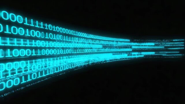 An animation of a massive, flowing stream of binary code, representing big data transfer, information flow, or digital communication