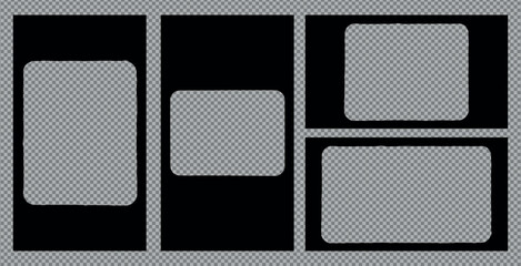 Four photo frames in different styles 16:9 size. Photo frames include a black border. Minimalist photo frames on a light background. Instant photo frames, vector set for social media