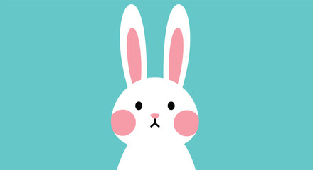 Obraz premium Adorable White Rabbit with Pink Cheeks Against a Bright Teal Background Simple Cartoon Cute Animal Illustration