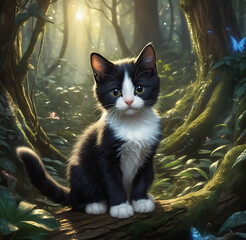 A adorable black and white tuxedo kitten with big, curious eyes sits on a mossy log in an enchanting, sunlit forest with glowing butterflies.