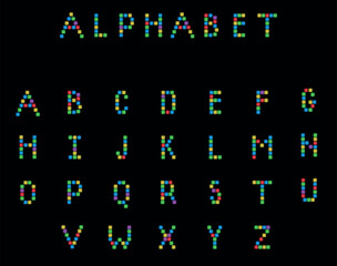 Retro 80s Alphabet with colorful squares. Neon Geometric Shapes Glowing on Black Disco Lightning