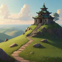 A serene pagoda with green-tiled roofs stands atop a grassy hill, accessed by a winding stone pathway, overlooking a vast landscape of rolling green hills under a bright sky.