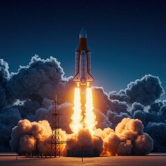 Spacecraft Launch at Night with Fiery Exhaust