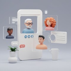 3D Render of Diverse Avatars in a Virtual Meeting on a Smartphone