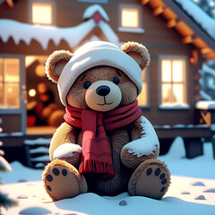 A cozy teddy bear wearing a white knit hat and red scarf sits in the snow outside a warm, glowing cabin during winter